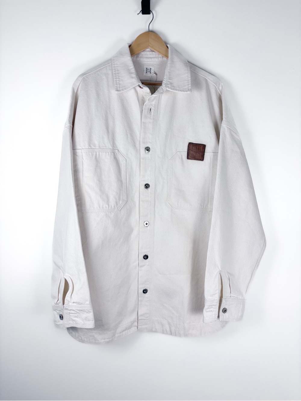 Helsa Ecru Cotton Denim Relaxed Long Sleeve Button Up Overshirt Shacket M/L NWT - Picture 4 of 10